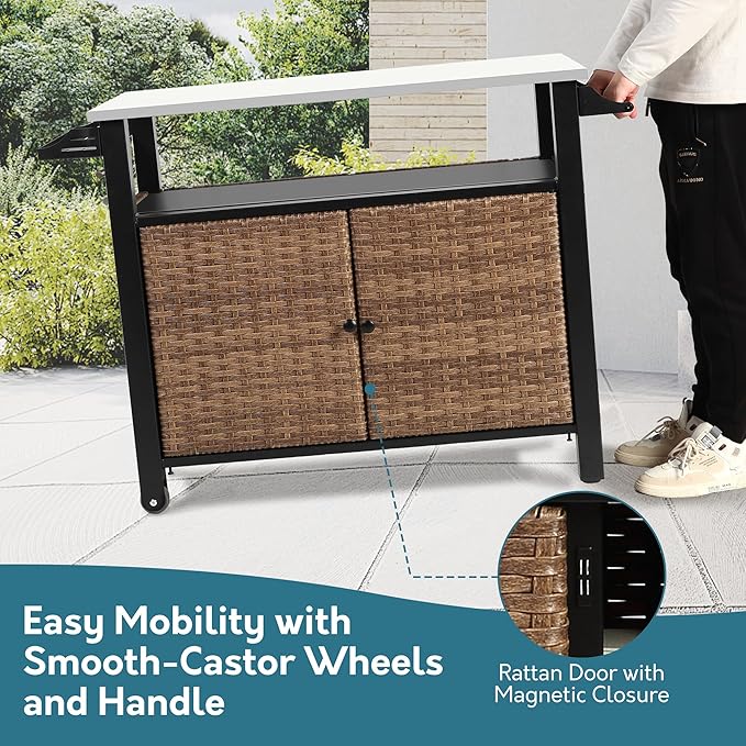Patio Grill Cart with Wicker Storage, Outdoor Kitchen Island Serving Cart with Stainless Steel Table Top, Outdoor Prep Table and Rolling Wheels, for BBQ, Patio, Brown