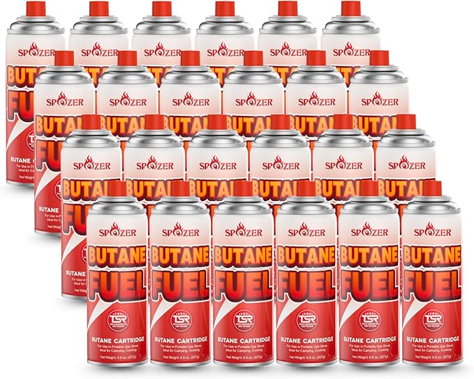 Butane Fuel Canister, 8oz (227g) Butane Refill with TSR Safety Valve, for Camping Stoves, Kitchen Torch, BBQ, 24 PCS