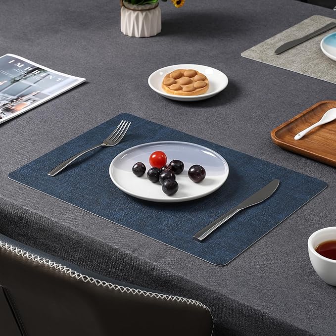 Myir JUN Placemats Dual Sided, Faux Leather Place Mats Set of 6 Indoor Placemat for Dining Table Outdoor Place Mat Manteles Individuales Square Non-Slip Washable Table Mats (Gray Blue, Set of 6)