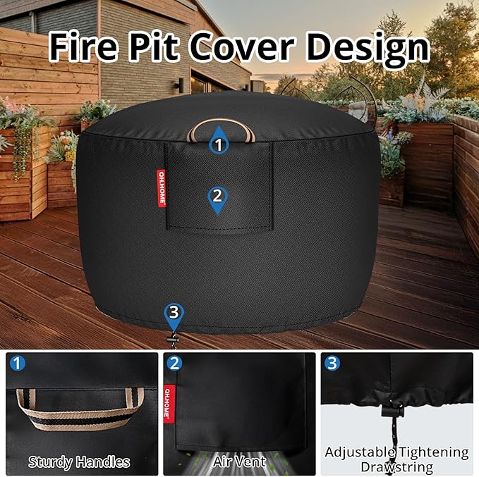 [2025 Upgraded 900D Fabric] Fire Pit Cover Round for 33-36 inch Fire Pit, 900D Heavy Duty Waterproof Fabric with Air Vent, Handle & Tightening Drawstring, 36" Dia x 20" H -Black