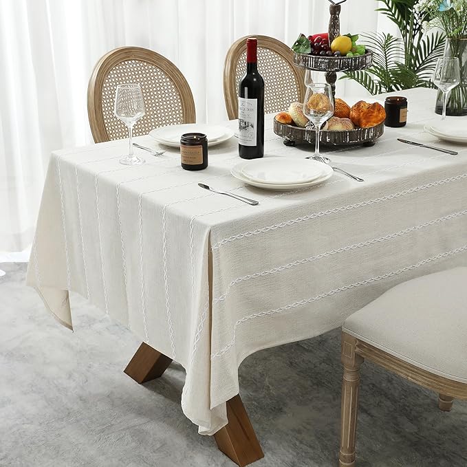 Chassic 60 x 104 inches Farmhouse Style Linen tablecloths, Wrinkle Resistant Washable Dining Room Table Cloths for 6 Foot Rectangle Tables - Beige