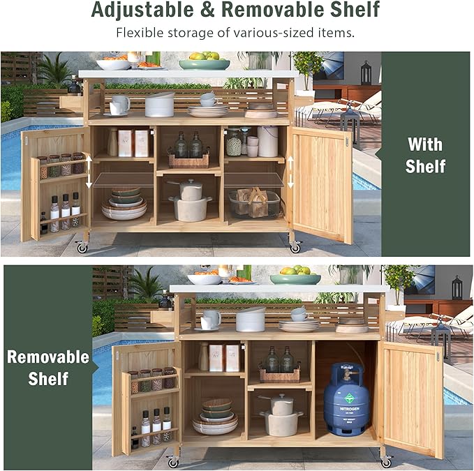 Grill Table,Rolling Bar Cart, Storage Cabinet, Artificial Board,with Stainless Steel Top, Spice Rack, Towel Rack, Storage Space,Kitchen,Outdoor