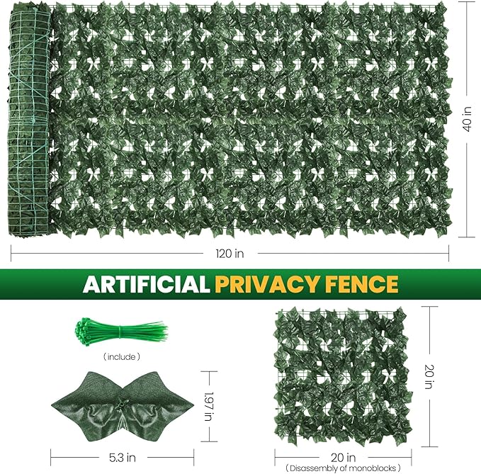 KASZOO Artificial Ivy Privacy Fence Screen, 120x40in Artificial Faux Privacy Fence Artificial Hedge Fence Panel Balcony Privacy Screen Decoration for Patio, Balcony, Wall, Backyard Indoor Outdoor