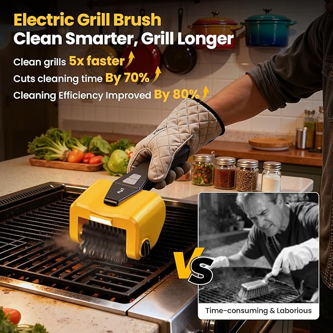 Grill Brush - 4000mAh Electric Grill Brush for Outdoor Grill with Dual-Speed Motor, No Bristle Shedding BBQ Brush Cleaner, Dishwasher-Safe, 90 Mins Working Time with LED Light, As a Ideal Gift