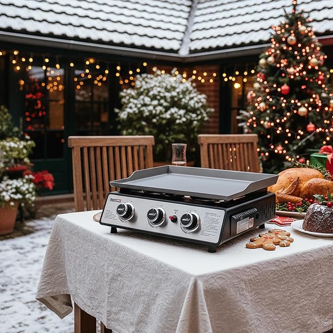 Royal Gourmet PD1301S Portable 3-Burner Tabletop Gas Griddle, 25,500 BTU Cooking Power, 304 Sq. In. Cooking Surface, Ideal for Camping & Tailgating, Black & Silver