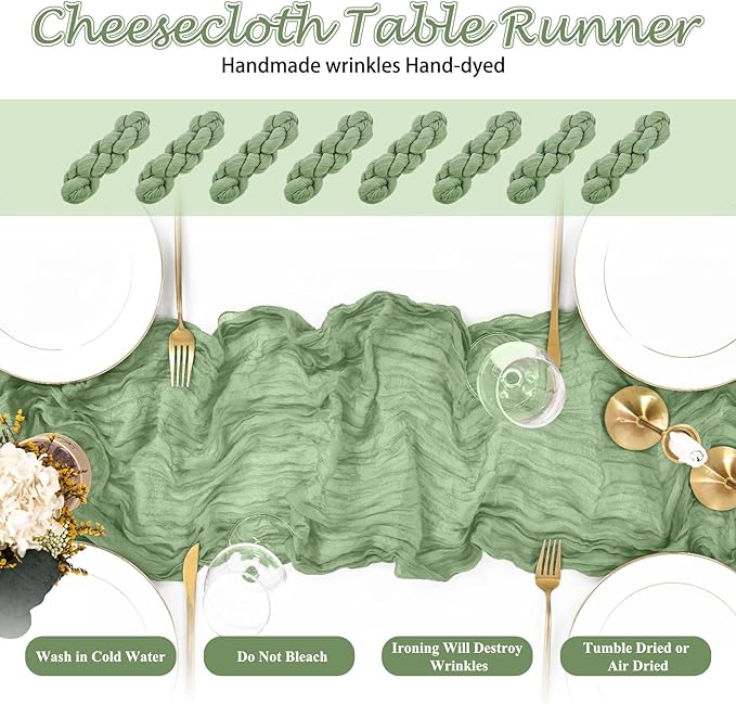 8 Packs Cheesecloth Table Runner 10FT Long Boho Gauze Fabric Table Runner Vintage Rustic Sheer Runners for Wedding Party Bridal Baby Shower Table Decorations (Sage Green)