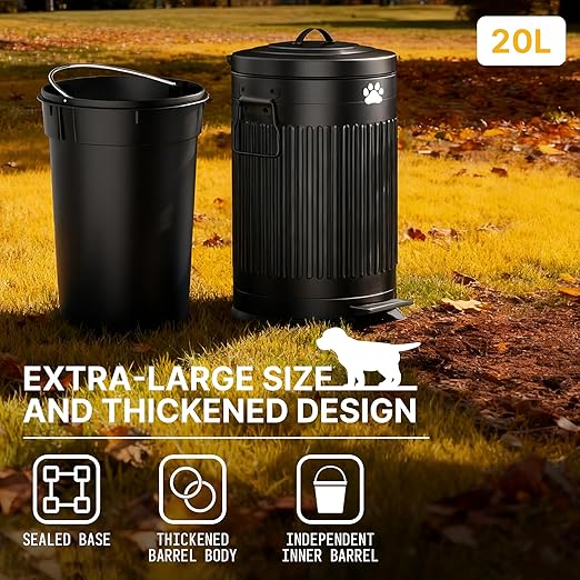 Dog Poop Trash Can Outside, 20L/5Gal Metal Outdoor Trash Can with Lid, Foot Pedal, Dog Waste Container with 20 Bags, Pet Poop Bucket with Soft Close for Backyard Odor Control, Round Black