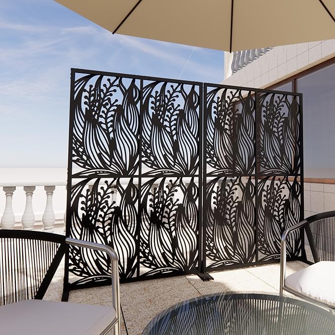 Metal Privacy Screen Room Divider 72" H x 45.3" W, Free Standing Decorative Panel with Bird Design for Indoor Outdoor Use, Black Iron Partition for Patio Balcony Garden (Leaf Black)
