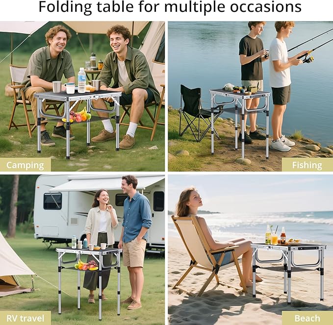 Anbte Folding Camping Table, Aluminum 24" x 16" Adjustable Height Small Folding Table with Carrying Handle, Lightweight, Portable Camping Table Waterproof for Outdoor Indoor Picnic Beach BBQ (Black)