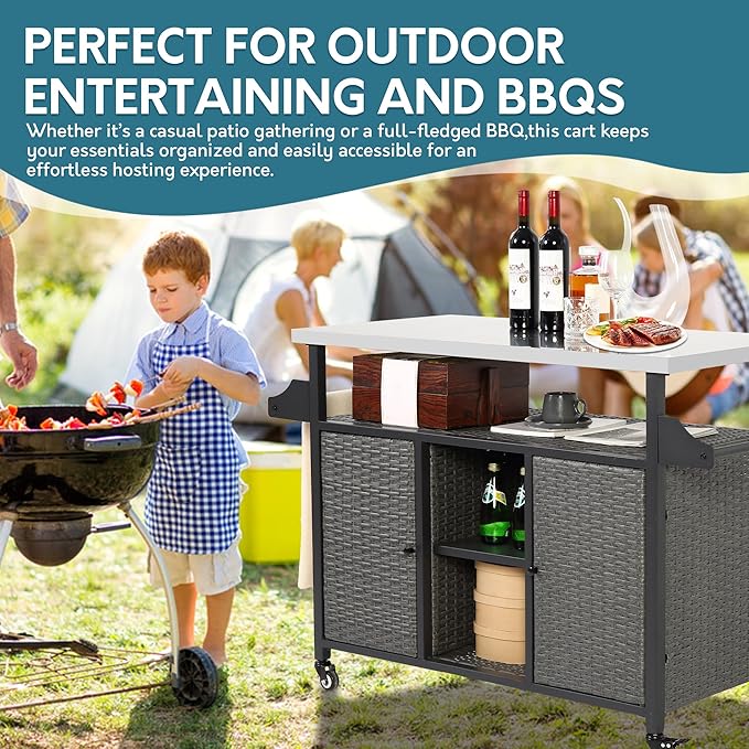 Outdoor Wicker Grill Cart with Storage Cabinet, Outdoor Moveable Bar with Rolling Wheels, Patio Prep Table with Wicker Cabinet, Kitchen Buffet Cabinet with Island, Grey