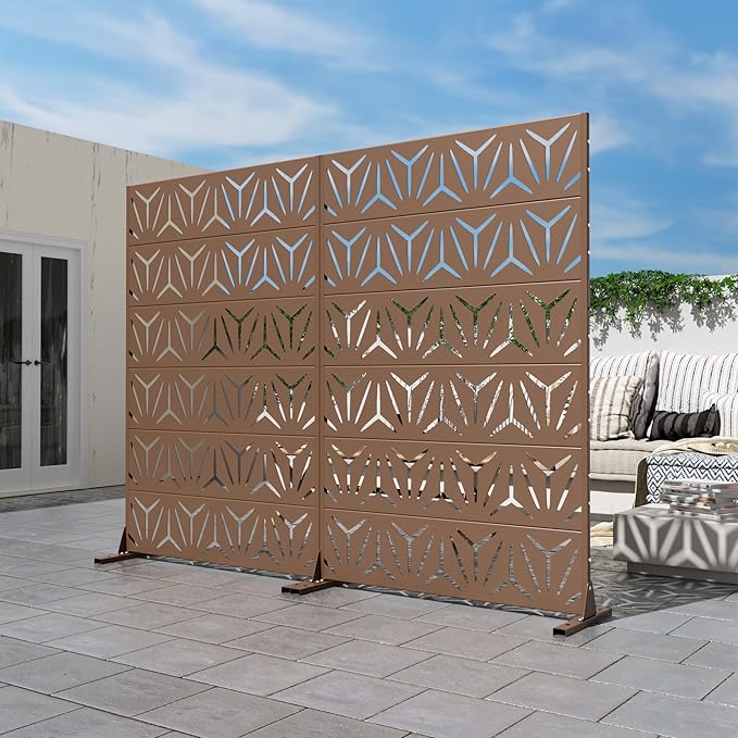 Casaphoria Metal Privacy Screen Outdoor, 72" H x 47" W Freestanding Decorative Privacy Screen for Patio Deck Balcony Garden with Stable Base, Brown Star