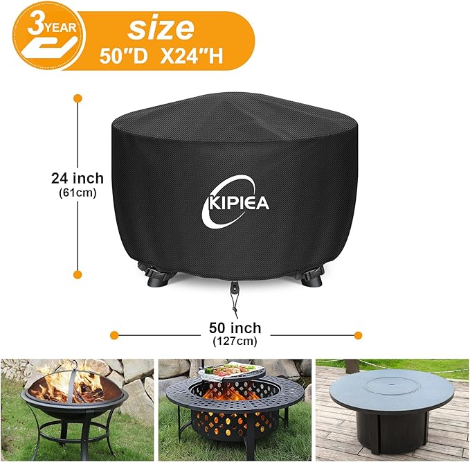 Kipiea Round Fire Pit Cover - 100% Waterproof Upgraded 600D Strong Tear Resistant Firepit Cover, UPF 50+ Outdoor Fire Pit Cover Fading Resistant, 50" Dia X 24" H