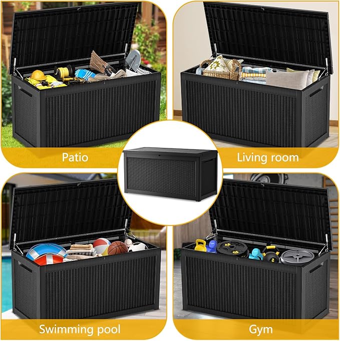 320 Gallon Deck Box, Resin Outdoor Indoor Waterproof Storage Box, Lockable Storage Box With Handle for Patio Furniture - Garden Tools - Swimming Pool Tools UV-Resistant - Black (320)