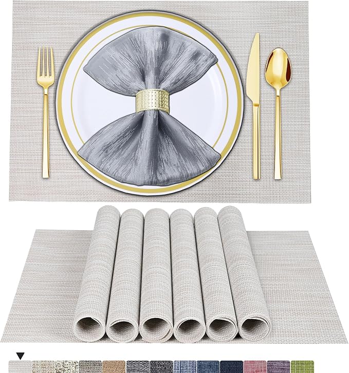 BETEAM Placemats Set of 6, Woven Vinyl Placemat for Dining Table Washable Wipeable Kitchen Place Mats Durable Indoor Outdoor Table Mats
