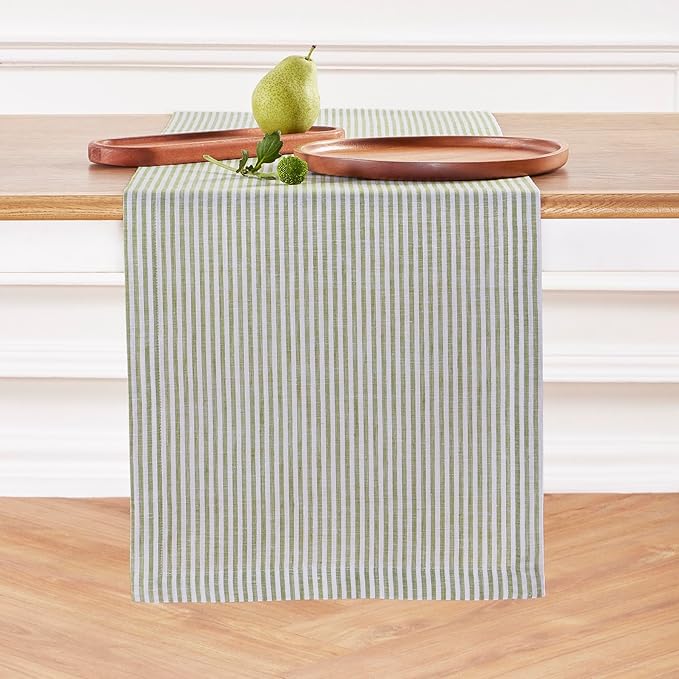 Solino Home Linen Table Runner 72 Inches Long - Narrow Stripe, 100% Pure Linen Avocado and White Table Runner 14 x 72 Inch for Dining, Dresser, Winter, Spring, St Patricks Day, Easter