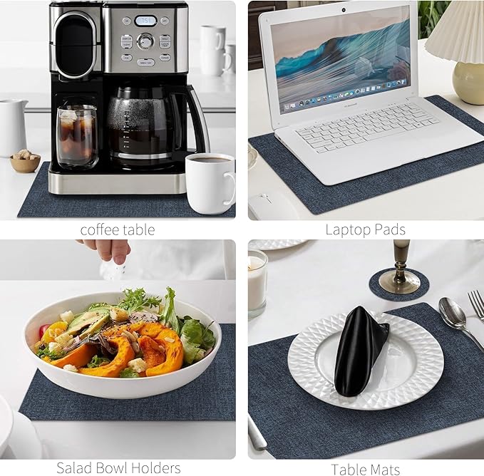 MOSAYT Placemats Set of 4, Heat Resistant Vinyl Place Mats with Coasters, 100% Waterproof Wipeable Washable Faux Leather Table Mats for Kitchen Dining Party Outdoor, 12" x 17", Navy Blue