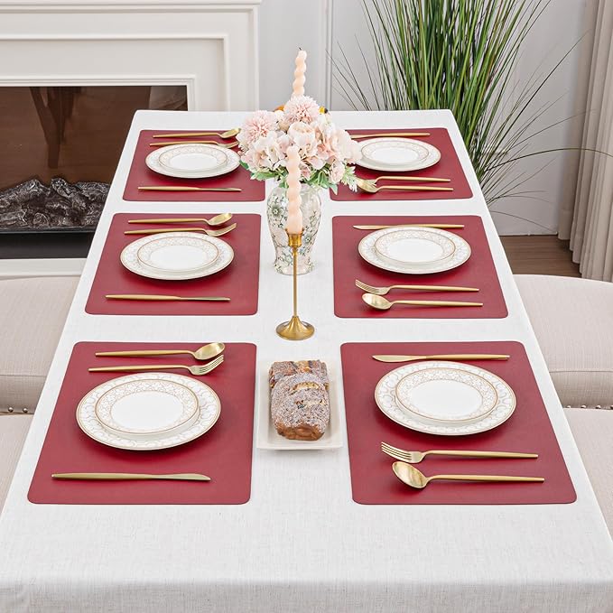 SHACOS Placemats Set of 6 Faux Leather Waterproof Leakproof Wipeable PU Non-Slip Vinyl Place Mats Heat Resistant Table Mats for Kitchen Dining Table Indoor Outdoor, Red