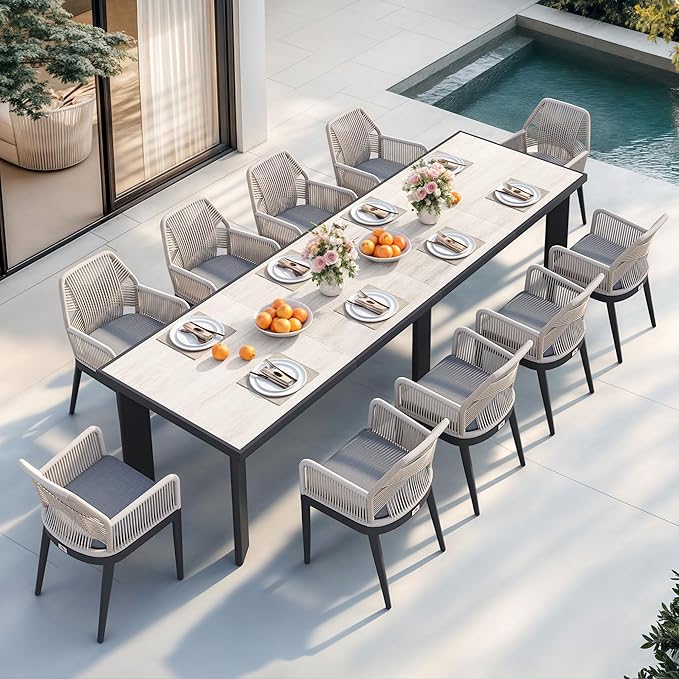PURPLE LEAF 11 Pieces Patio Dining Set Aluminum Modern Rectangular Table and Rattan Arm Chairs with Cushions for Kitchen Porch Garden Outdoor Furniture Sets, Beige and Dark Grey
