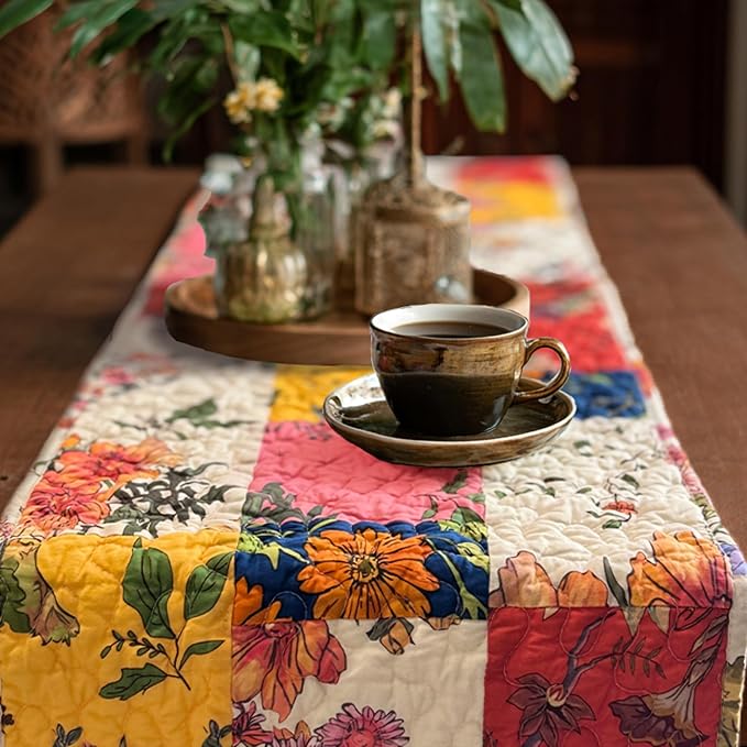 Cotton Quilted Floral Patchwork Table Runner 72 Inches Long – Handmade Farmhouse Table Runner for Dining Room, Coffee Table, or Buffet (Floral, 13*74)