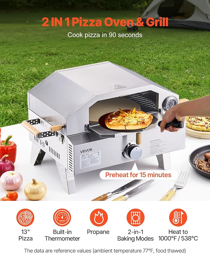 VEVOR 2 IN 1 Outdoor Pizza Oven, 13 in Propane Pizza Oven & Grill, 12,000 BTU Tabletop Propane Gas Oven with Pizza-Stone, Thermometer, Stainless Steel Portable Grill, for Camping & Backyard
