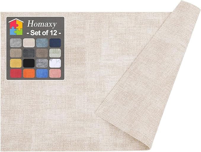 Homaxy Faux Leather Heat Resistant Placemats for Dining Table Set of 12, Waterproof Wipeable Washable PU Table Mats, Easy to Clean Anti-Slip Place Mats, 11.8" x 17", Beige