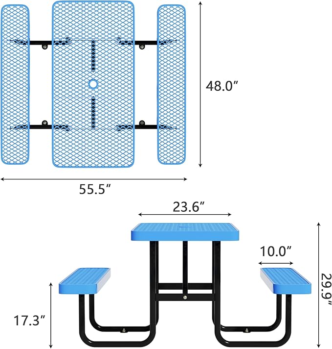 4FT Picnic Tables for Outdoors, Rectangular Commercial Metal Picnic Table Bench Set with Umbrella Hole,Heavy Duty Steel Weather-Resistant Dining Table for Patio Dining Garden Backyard BBQ School