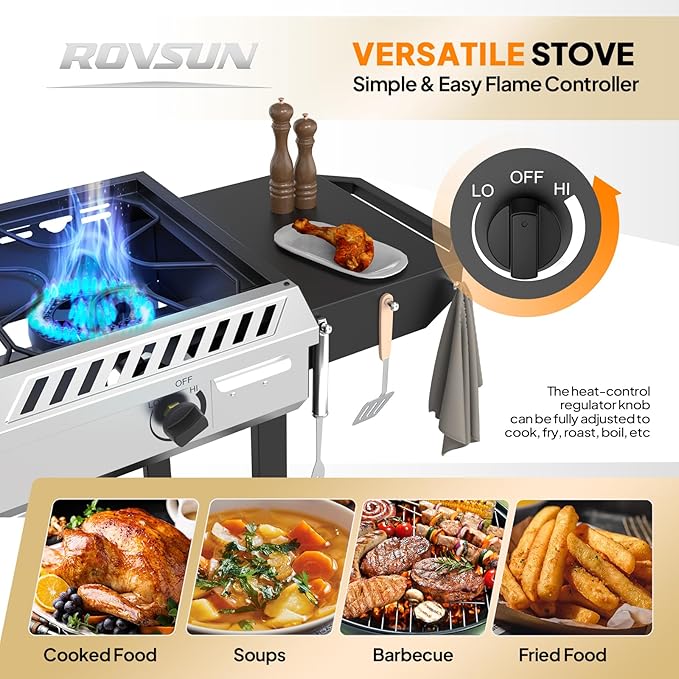 ROVSUN 2-in-1 Propane Stove & 33'' Griddle Combo with Ignition, 3 Burner 225,000 BTU Gas Stove & Grill with Side Shelves, Rolling Wheel & Regulator for Home Outdoor Backyard Camping Cooking Grilling