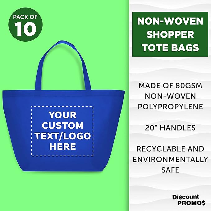 DISCOUNT PROMOS Custom Southern Style Grocery Tote Bags Set of 10 - Personalized Bulk Pack, Reusable Grocery & Shopping Bags - Great for Travel, Carry on Bag, Business Promotions - Blue - 20"X13"X8"