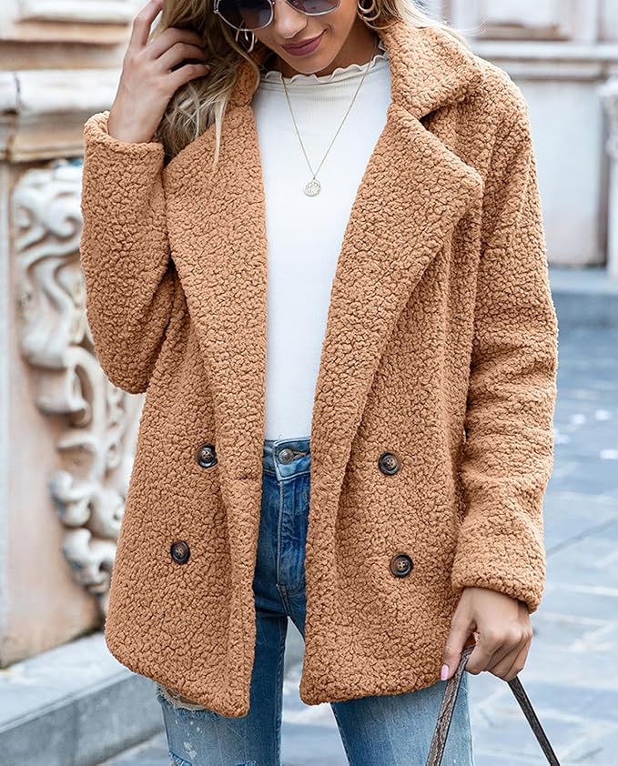 Women's Winter Warm Plush Cardigan Fuzzy Fleece Lapel Jacket with Buttons Pockets Long Sleeve Casual Outerwear