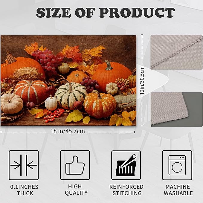Orange Pumpkins Linen Placemats Set of 6,12x18 Inch Fall Thanksgiving Washable Table Mats Heat Resistant Place Mats for Home Party Kitchen Dining Decoration