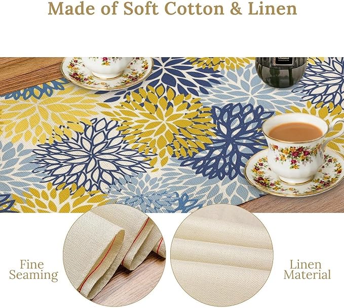 Dahlia Flower Table Runner,Blue Yellow Floral Print Table Runner for Kitchen Dining Table Dinner Holiday Home Party Indoor Outdoor Decor 13x90in