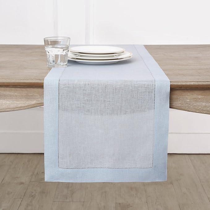 Solino Home Linen Light Blue Table Runner 108 Inches Long - 100% Pure Linen 14 x 108 Inch Table Runner for Winter, Spring, Easter - Classic Hemstitch