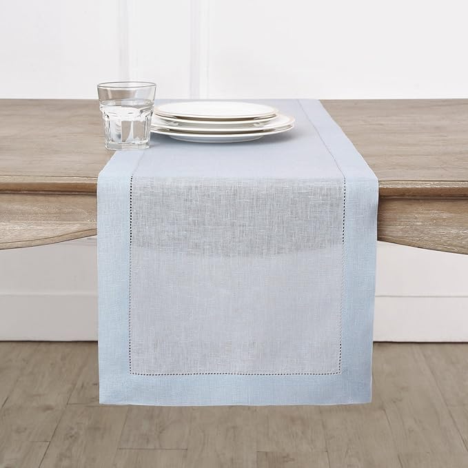Solino Home Linen Light Blue Table Runner 36 Inches - Classic Hemstitch, 100% Pure Linen Coffee Table Runner 14 x 36 Inch Ideal for Dresser Tables, Spring, Easter
