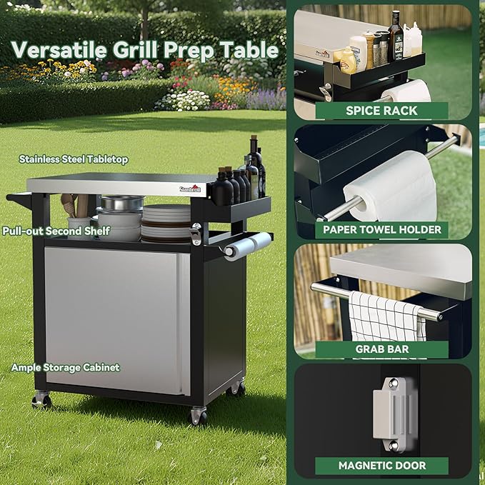 Stanbroil Rolling Grill Table Cart with Storage Cabinet, 3-Shelf Movable Prep Table Outdoor Bar, Multifunctional Grill Cart with Stainless Steel Tabletop, Paper Towel Holder