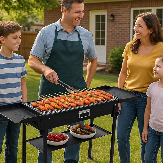 comzenz 35’’ Portable Charcoal Grill Folding BBQ Grill for Outdoor Grilling Cooking Camping Hiking Picnics Tailgating Backpacking Party, With Storage Bag & Non-Stick Frying Pan, Matte Black