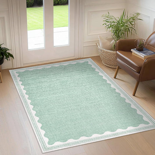Scalloped Rug 4x6 Rugs for Entryway, Small Area Rugs Solid Green Rug for Bedroom Girls, 4x6 Washable Rugs for Living Room, Non Slip Scalloped Bath Mat, Soft Dorm Nursery Carpet for Bedside