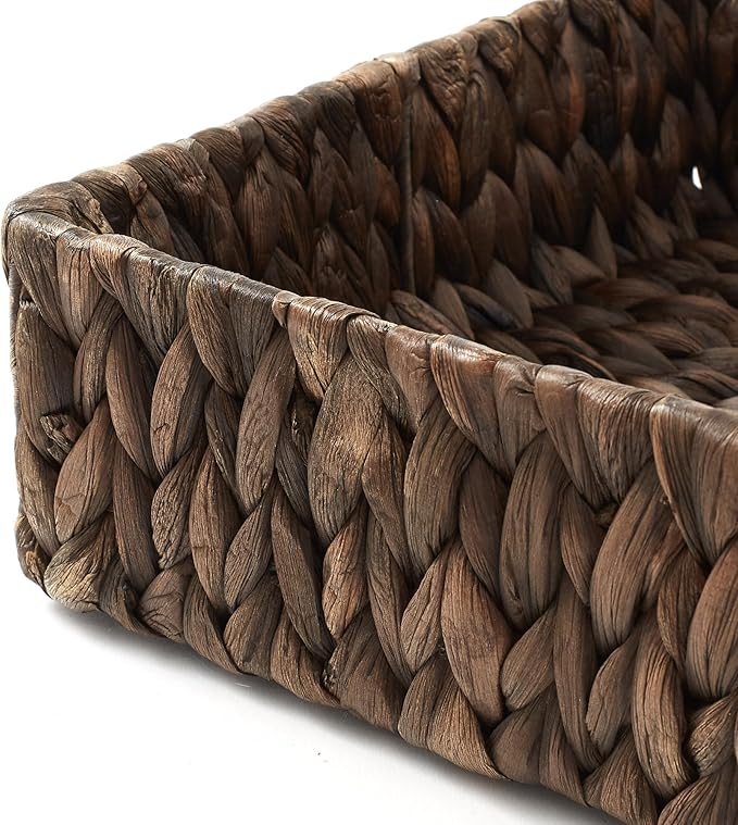 Casafield Set of 2 Bathroom Storage Baskets, Espresso - Water Hyacinth, 15.75" W x 11.25" D x 3.25" H, Woven Toilet Tank Topper Bins for Organizing Tissues, Toilet Paper, Toiletries, Shelves