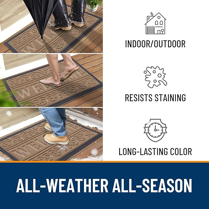 OLANLY Welcome Door Mat Indoor Outdoor Entrance, Heavy Duty Sturdy Front Door Mat, Waterproof All-Weather Doormat, Stain Resistant, Low Profile, Easy Clean Patio Entryway Mat, 29.5 x 17, Light Brown