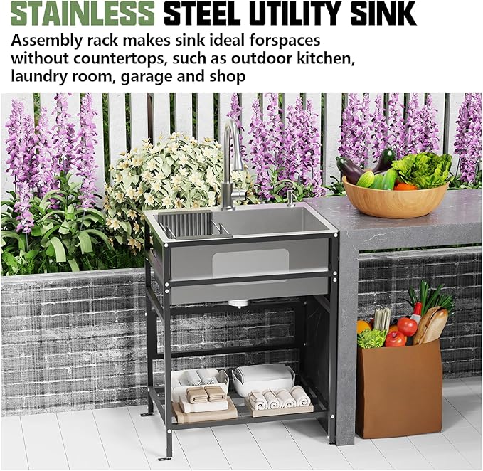 Utility Sink, 25x18 Inch Stainless Steel Freestanding Laundry Sink Practicality With Accessories-Kitchen Faucet,Soap Dispenser, SS Sink Grid, Colander For Laundry,Garage,Outdoor Kitchen,Garden...