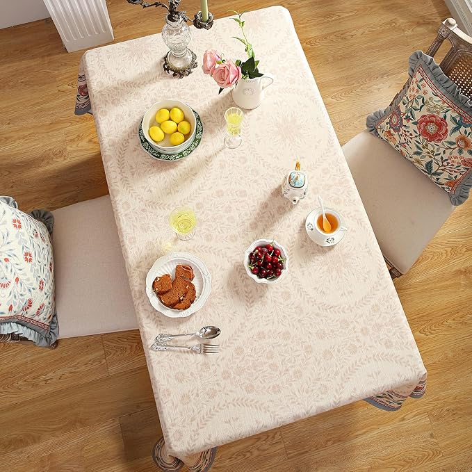 Beige Linen Small Rectangle Tablecloth,Vintage Indian Style Soft and Colorfast Floral Tablecloths,Decor Table Cover for Kitchen,Dining,Thanksgiving,Christmas,55"*71"-Flowershadow E