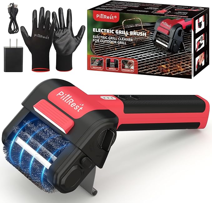 Electric Grill Brush, Cordless Rechargeable Grill Cleaner with LED Light - 950 RPM Spinning 304 Stainless Steel Head, Dishwasher-Safe BBQ Tool for Outdoor Grills