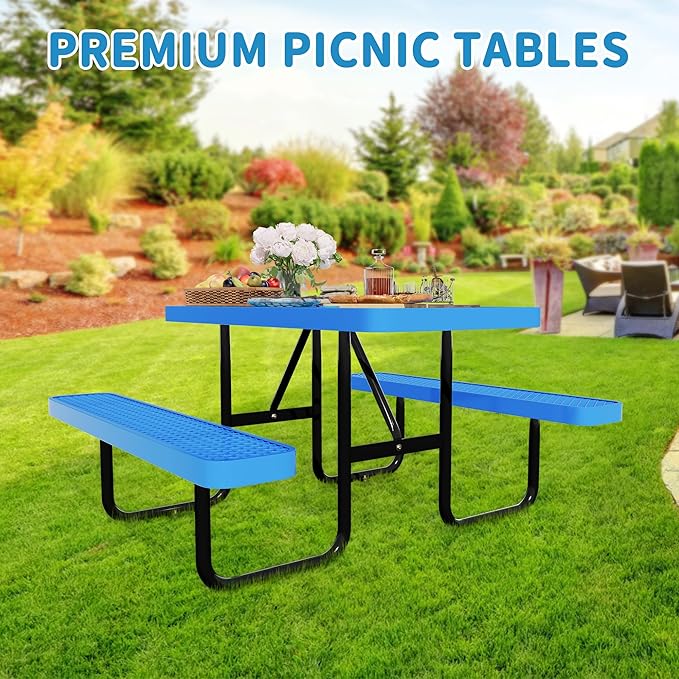 4FT Rectangular Metal Picnic Table for Outdoors, Commercial Steel Metal Picnic Tables, Heavy Duty Sturdy Picnic Tables Furniture Set for Patio Garden Courtyard BBQ, with Umbrella Hole, Blue