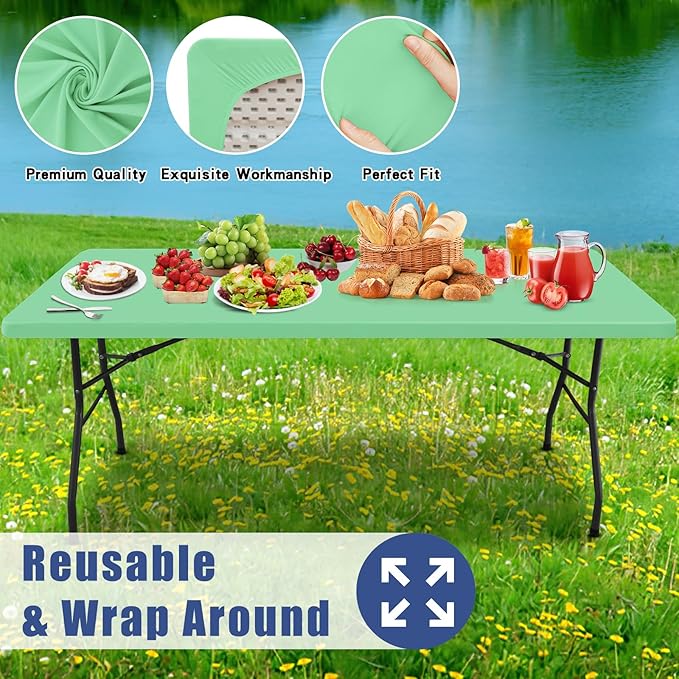Spandex 8 Foot Rectangle Table Cloth 6 Pack, Elastic Fitted Tablecloths for Picnic, Stretch Washable Patio Table Cover for Outdoor, Camping, Banquet and Parties (Bright Green, 30"x96")