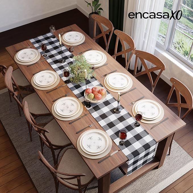 Encasa XO Cotton Dining Table Runner | Buffalo Black Checks | Size 13x120 in - Machine Washable & Durable