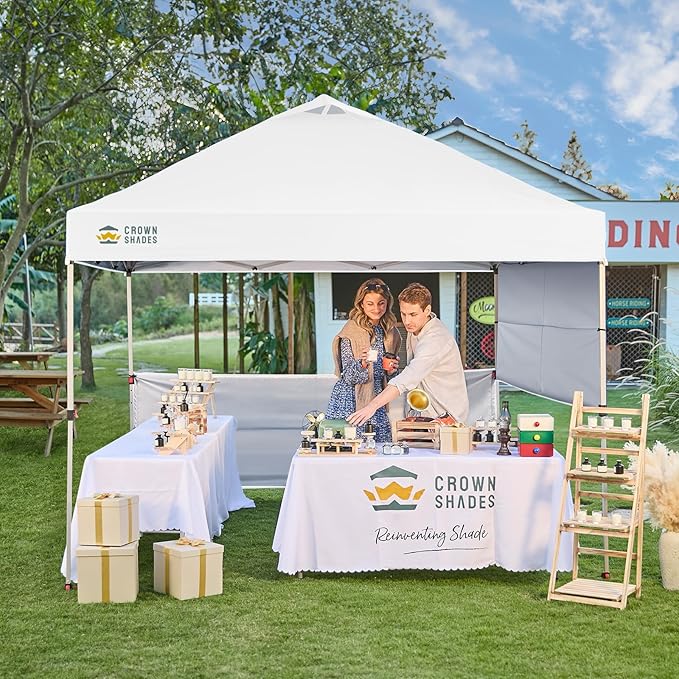 CROWN SHADES 10x10 Pop up Canopy Tent Instant Canopy with 150D Silver Coated Fabric Including 2 Half Sidewalls, 4 Ropes, 8 Stakes, 4 Weight Bags, STO 'N Go Bag, Grid White