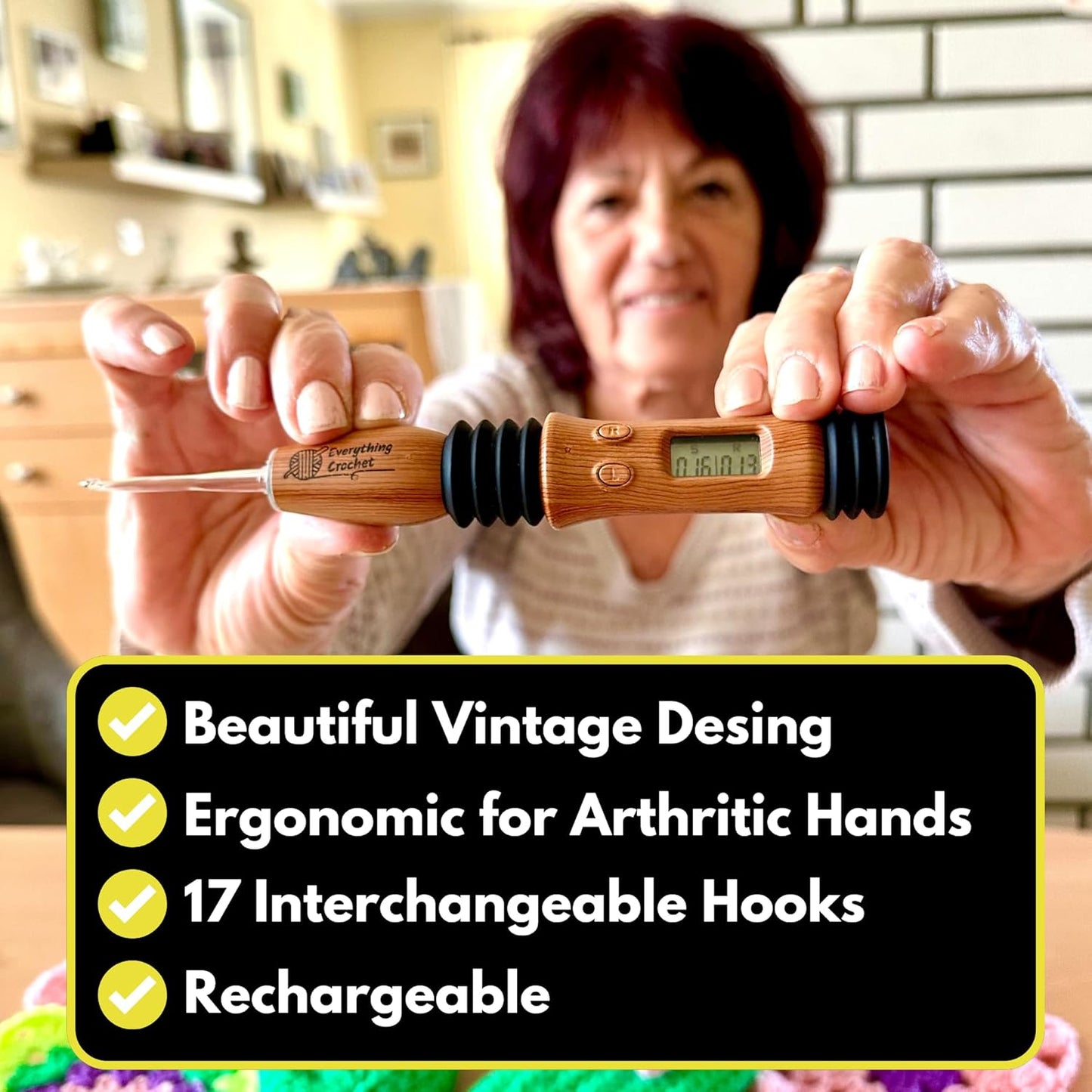 Everything Crochet Vintage Counting Crochet Hook Set with Light & Counter - Ergonomic for Arthritic Hands - Light up, Digital Stitch & Row Counter - 17 Size Interchangeable Hooks Kit - Cool Gift