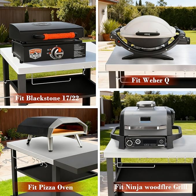 Outdoor Kitchen Island, Grill Cart with Drawer, Pizza Oven Stand, Movable 3-Shelf Prep Table with Side Table for Ninja Woodfire, Ooni Pizza Oven, Blackstone Griddle, Cuisinart, Cooking Station