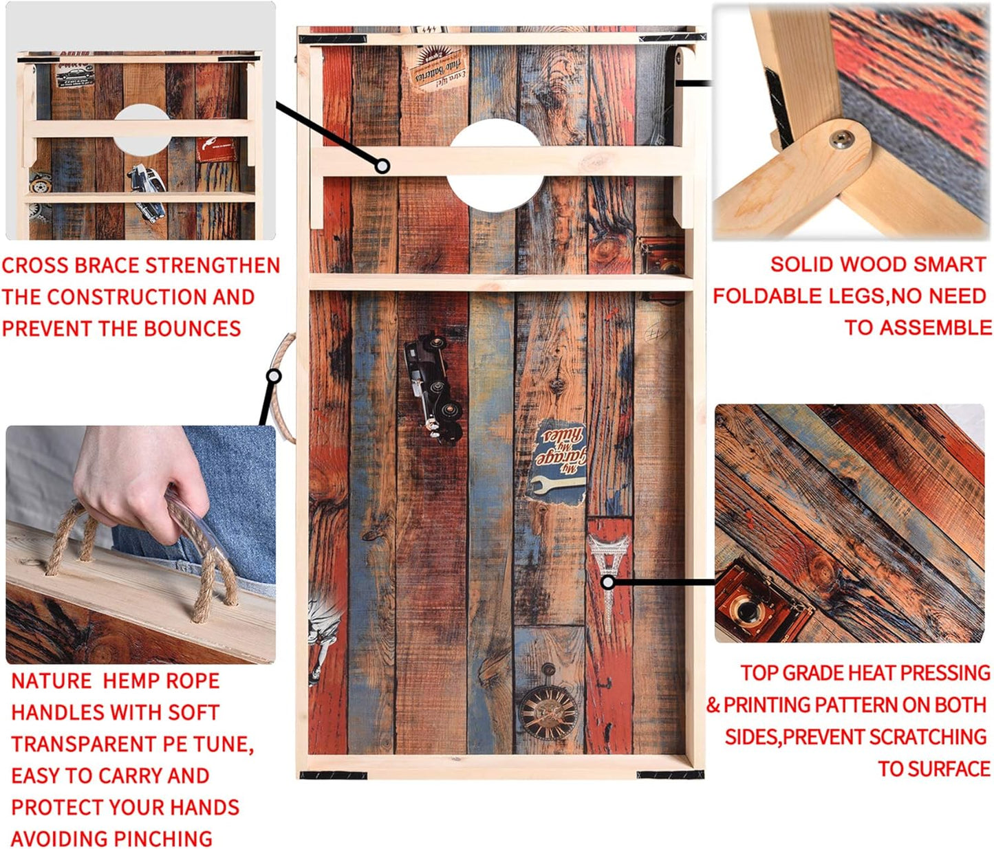 Solid Wood Vintage Cornhole Game Set, Two 4'x2'Cornhole Boards, 8 Cornhole Bags for Indoor and Outdoor Toss Games Competitions, Tournaments