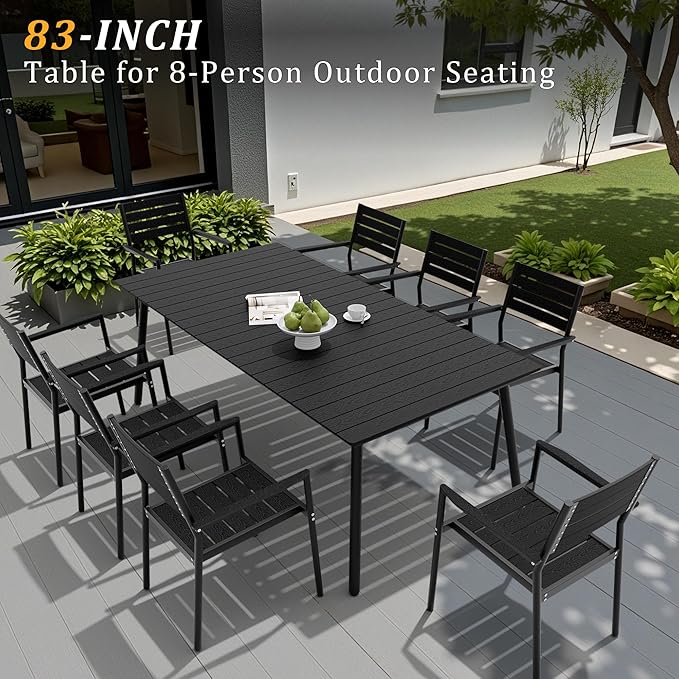 83" Patio Outdoor Dining Table for 6-8, Weather-Resistant Wood-Grain Top with Aluminum Frame & Umbrella Hole for Deck Gatherings, Black