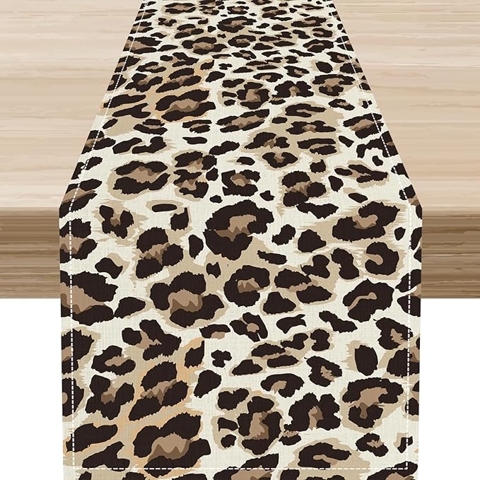 Leopard Print Table Runner, Animal Fur Print Western Style Table Runner Country Farmhouse Cottage Cow Pattern Linen Table Decoration for Home Kitchen Dining 13x72